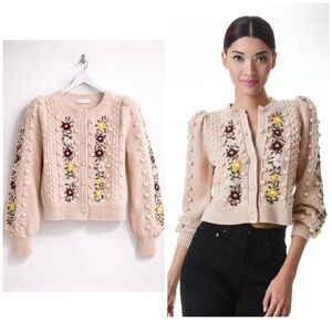 Alice + Olivia Kitty Puff Sleeve Cardigan Embroidered Floral Sweater Size S